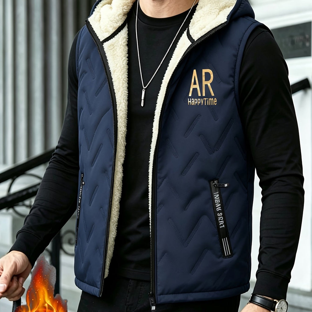 Gilet épais sans manches à capuche doublé, tendance automne/hiver, vêtement d'extérieur chaud, cardigan à capuche zippé à la mode et polyvalent, pour l'extérieur et la randonnée, la course et le fitness, les voyages et le sport, cade, coloris couleur marine, détail