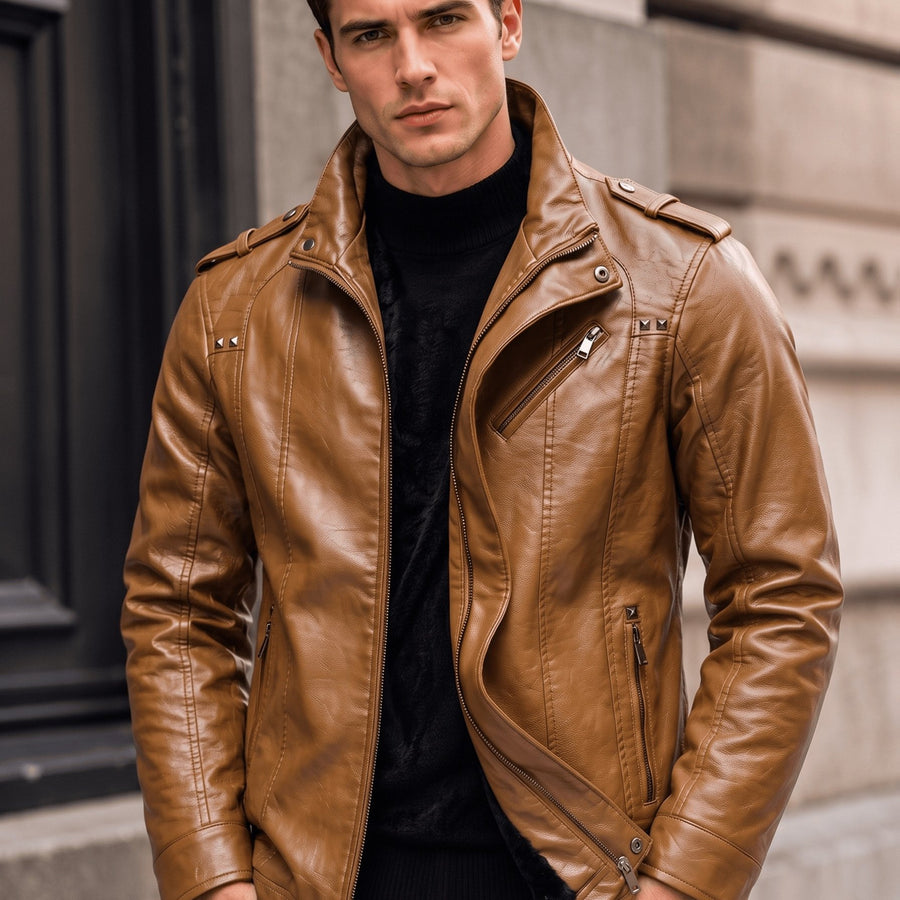 Veste en cuir PU longue, à col montant, coloris kaki