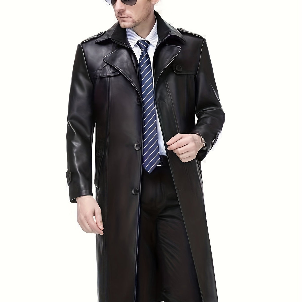 Manteau en cuir PU, coupe-vent, à revers, coloris noir Image