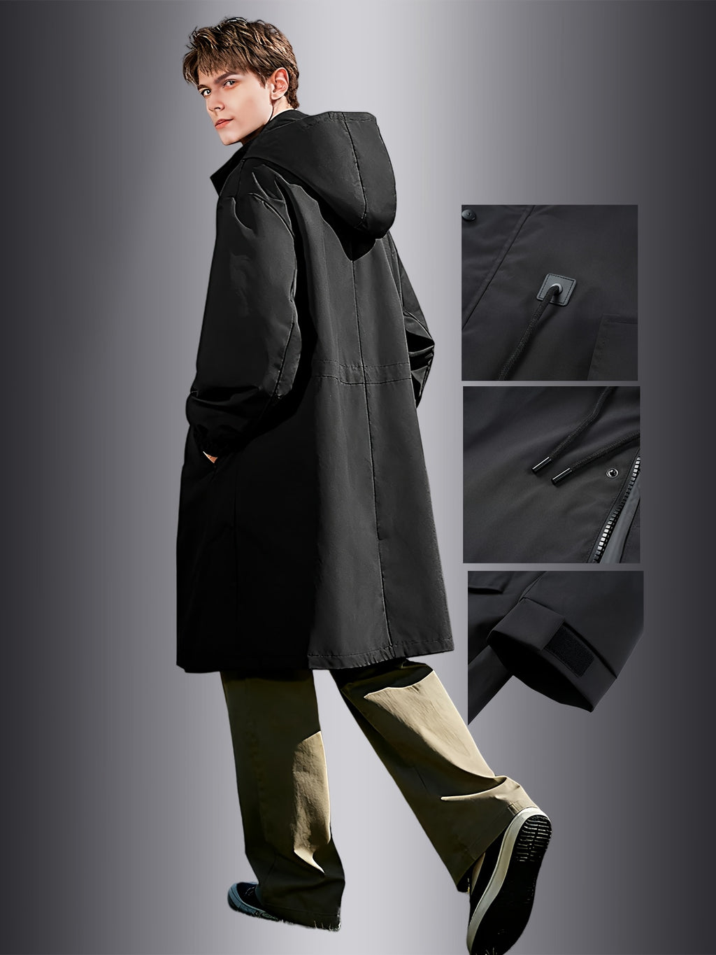 Trench pour homme, à capuche, col montant