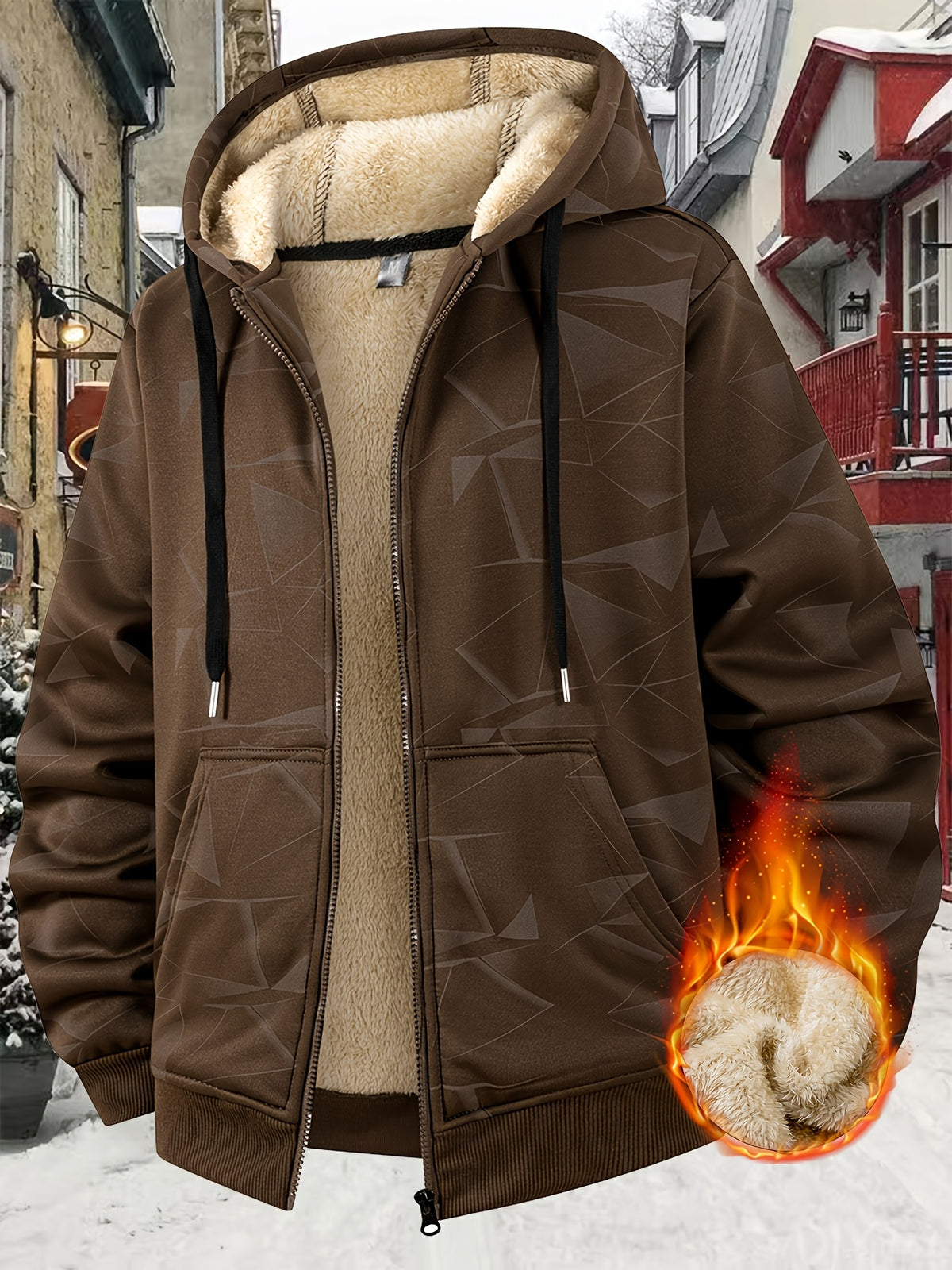 Manteau pour homme, polaire, à capuche, marron foncé