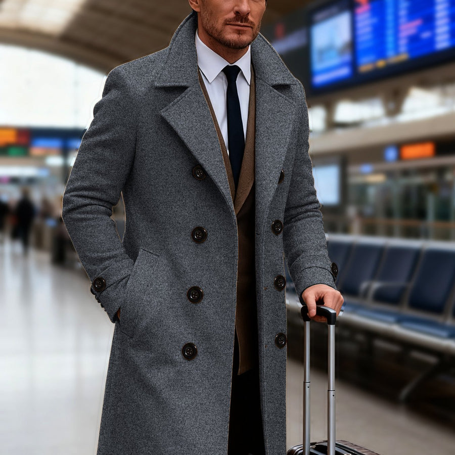 Manteau long, à revers, poche, coloris gris foncé