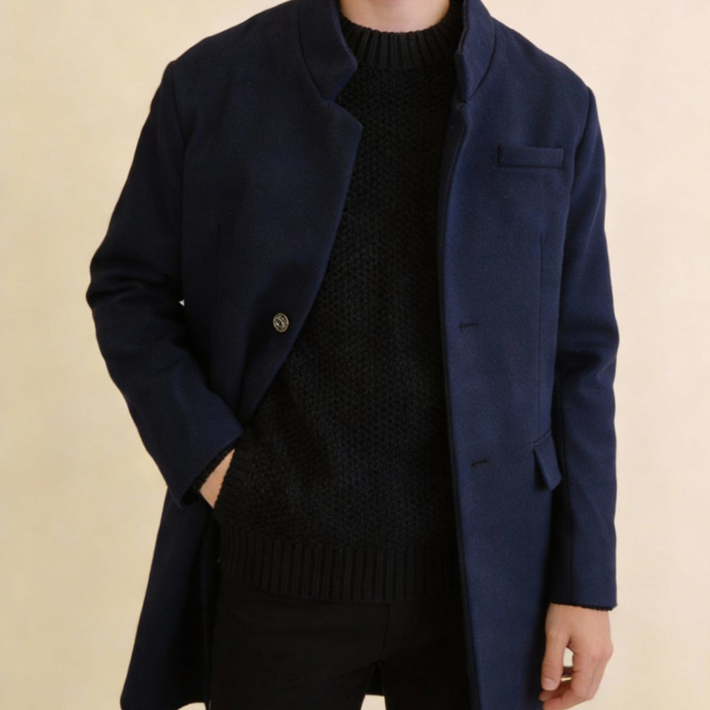 Trench, coupe-vent, à col montant, coloris bleu marine, détail