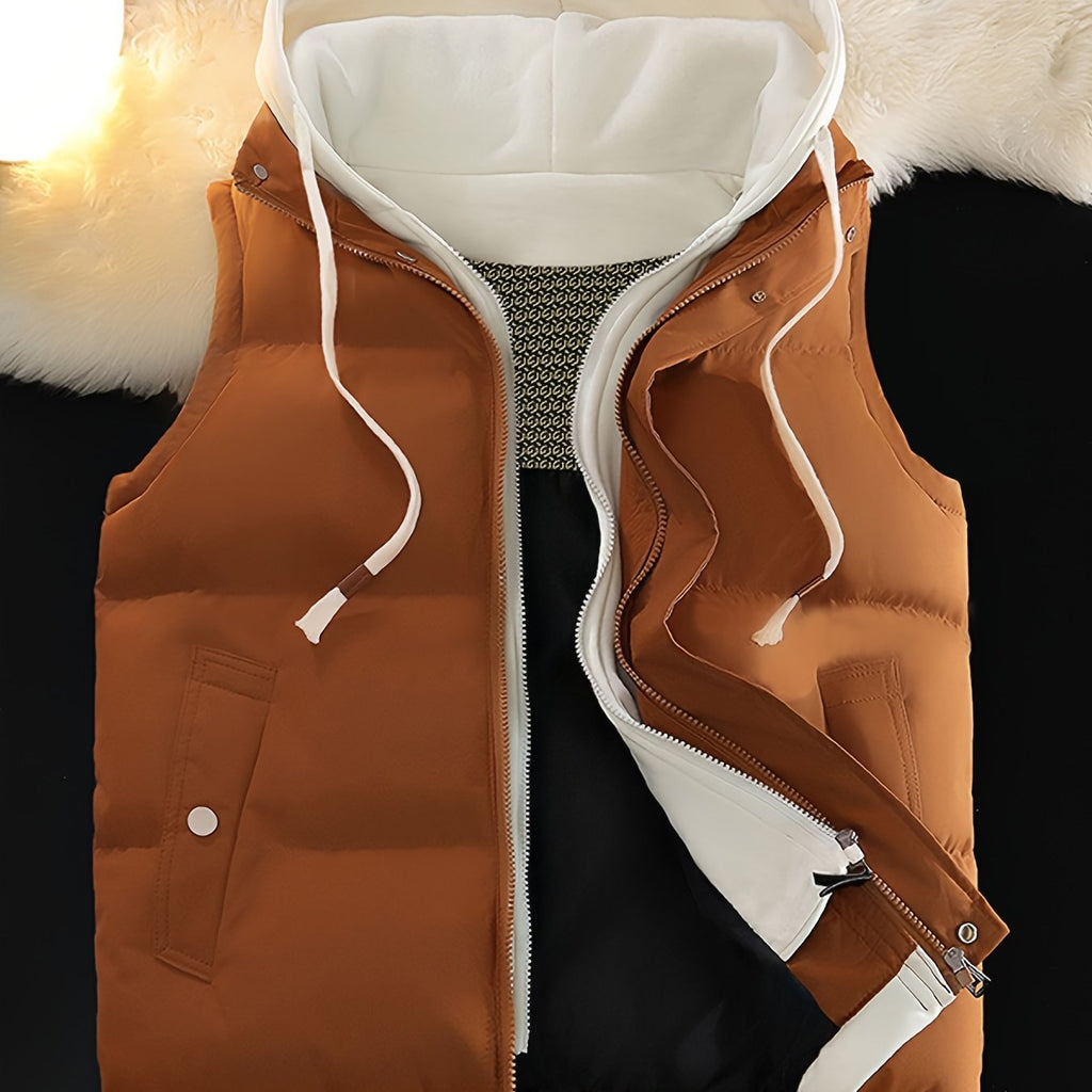 Gilet d'hiver chaud, design tendance sans manches aspect 2-en-1, capuche à cordon de serrage réglable, fermeture avant double ouverture par boutons-pression et fermeture éclair, poche de rangement pratique à insertion latérale, détails de bordu, coloris rouiller