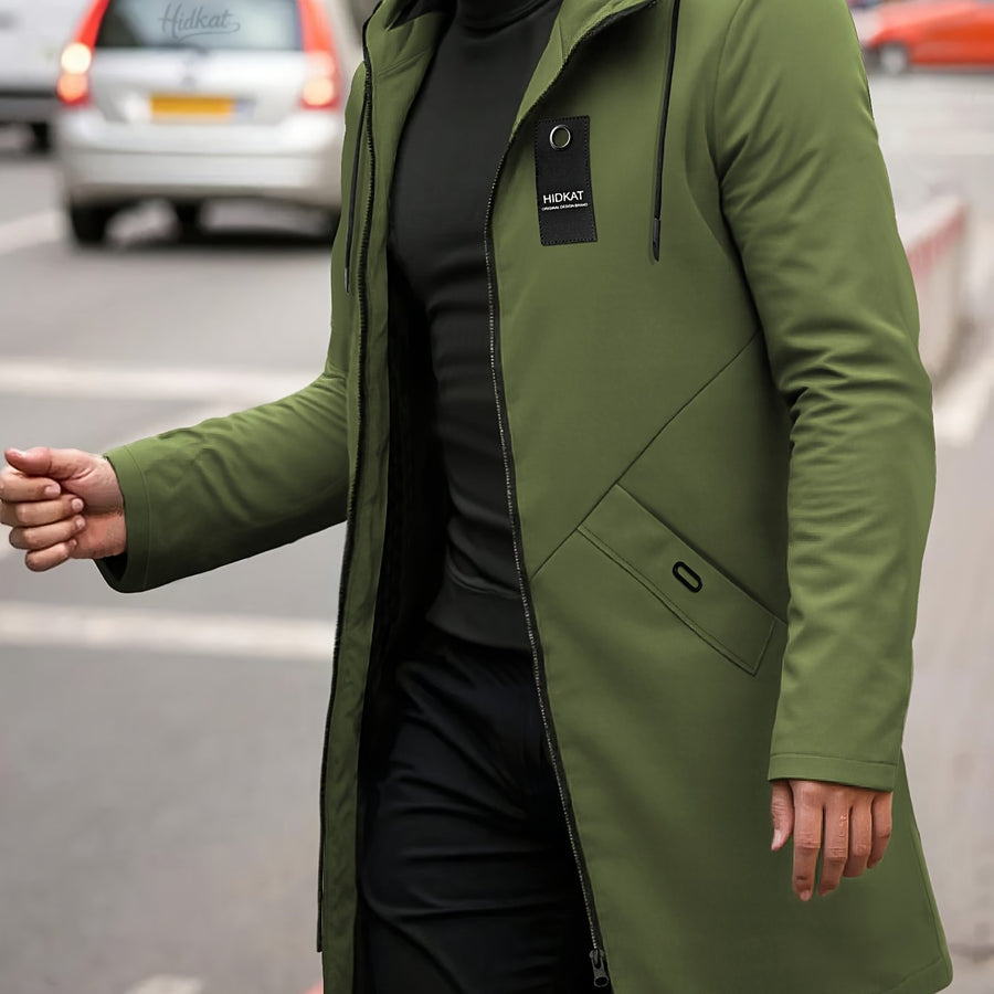 Veste, à capuche, fermeture éclair, coloris vert, détail