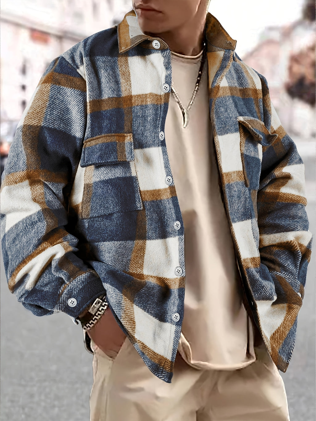 Veste long pour homme, à carreaux, à revers