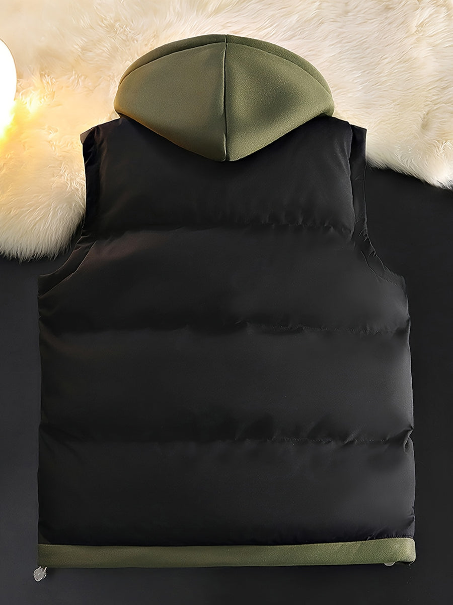 Gilet d'hiver chaud, design tendance sans manches aspect 2-en-1, capuche à cordon de serrage réglable, fermeture avant double ouverture par boutons-pression et fermeture éclair, poche de rangement pratique à insertion latérale, détails de bordu, photo 17