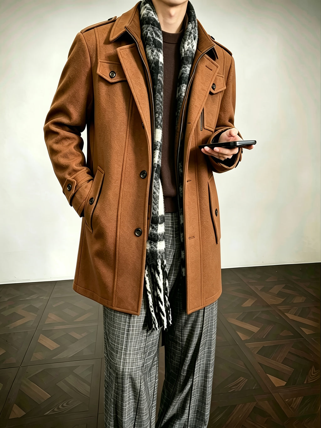 Trench en laine pour homme, 30 % laine, à col montant