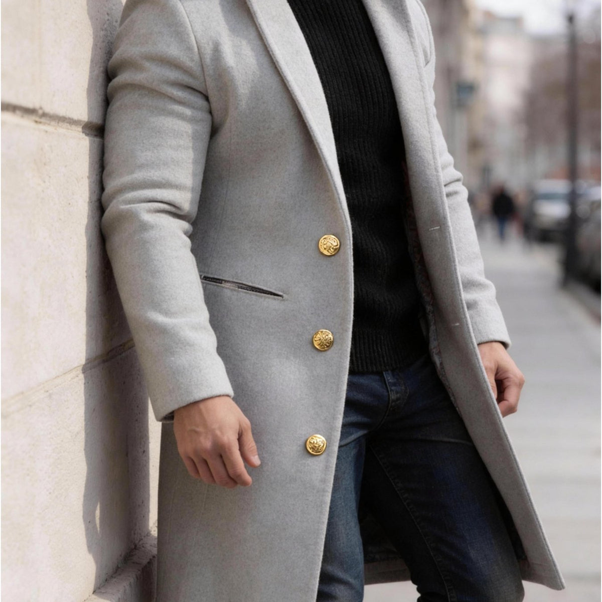 Manteau, à revers, kaki, coloris gris, détail Image