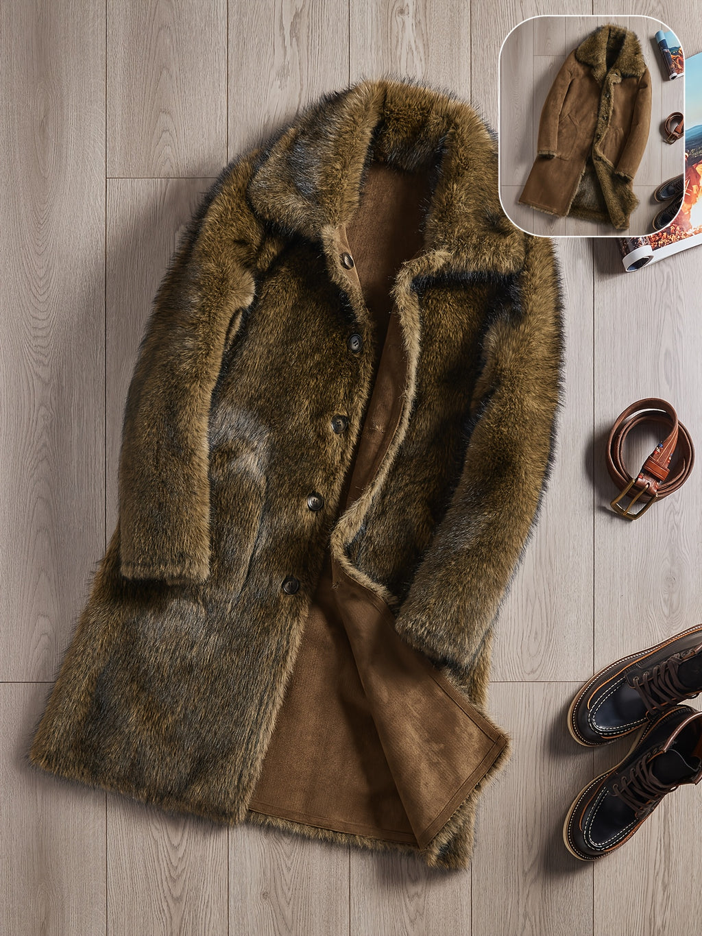 Manteau en fausse fourrure long pour homme, à revers