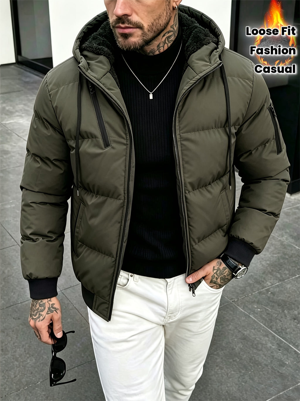 Manteau pour homme, polaire, à capuche, vert