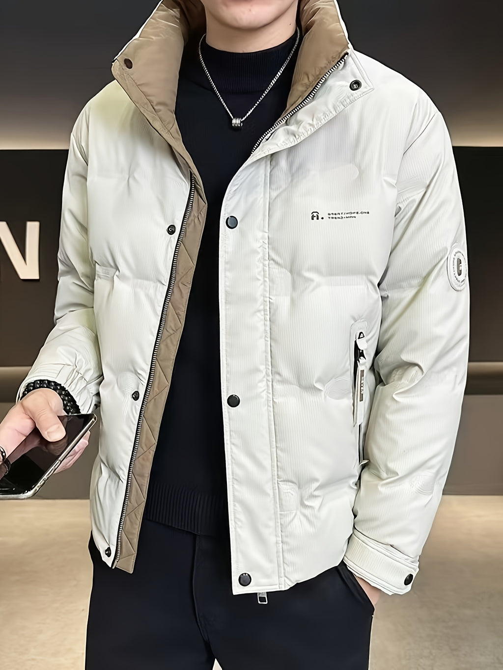 Manteau pour homme, à col montant, gris clair