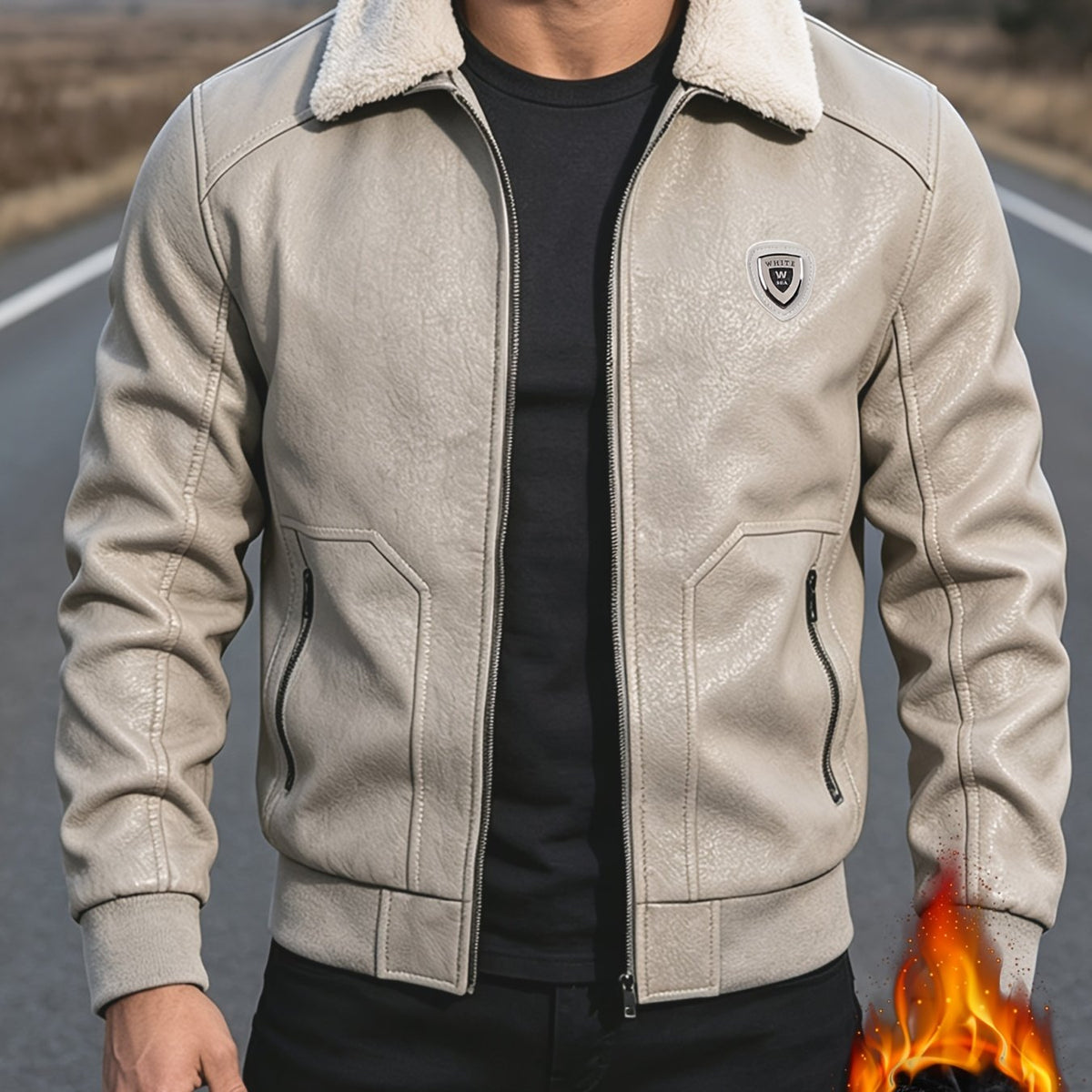 Veste en cuir PU, coupe-vent, à revers, coloris beige Image
