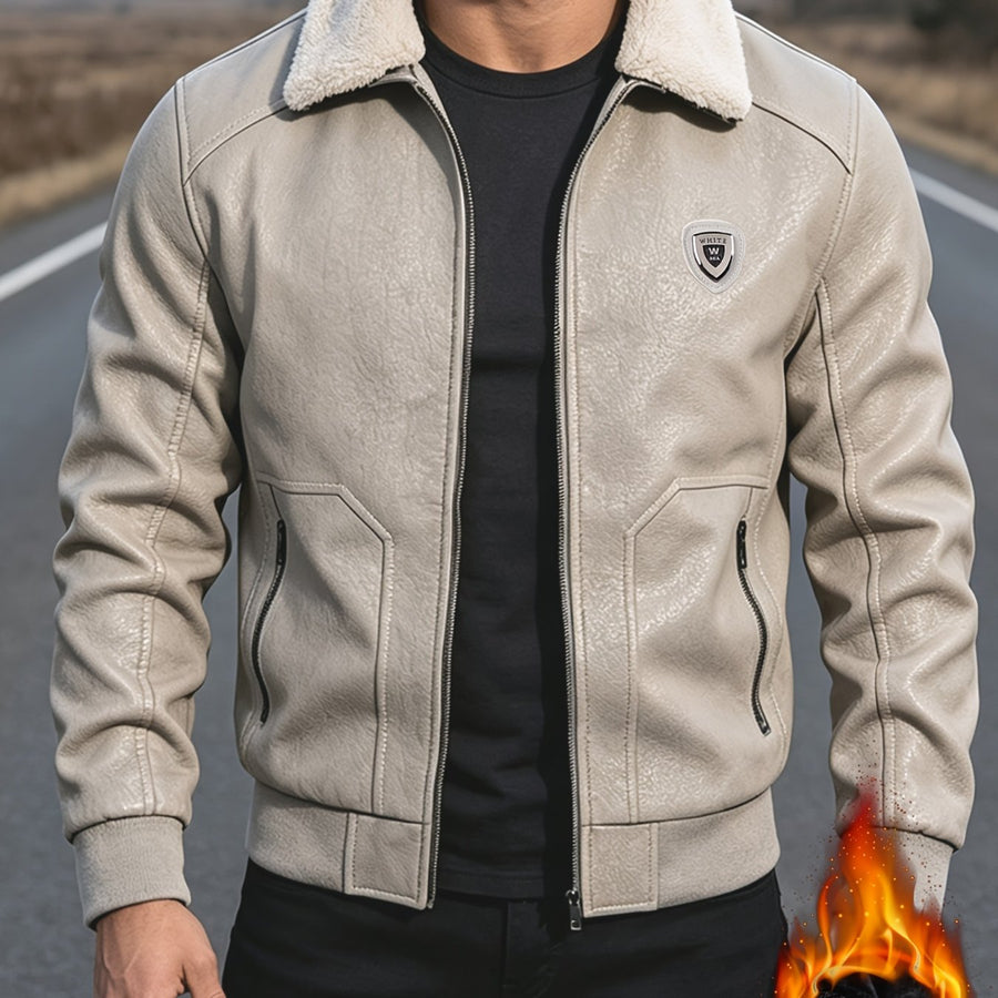 Veste en cuir PU, coupe-vent, à revers, coloris beige