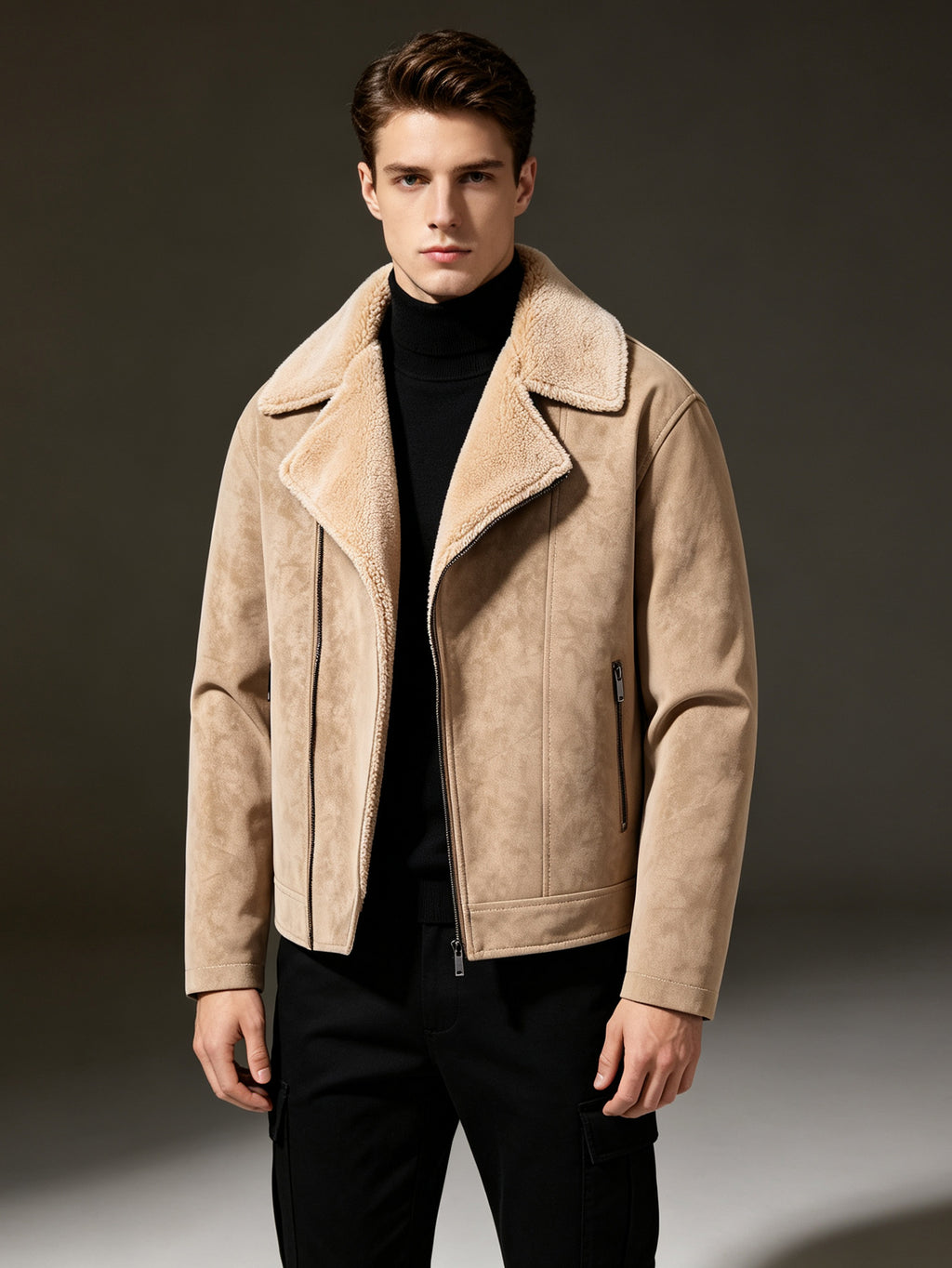 Veste de moto asymétrique avec fermeture éclair et col à revers duveteux, manteau streetwear tendance