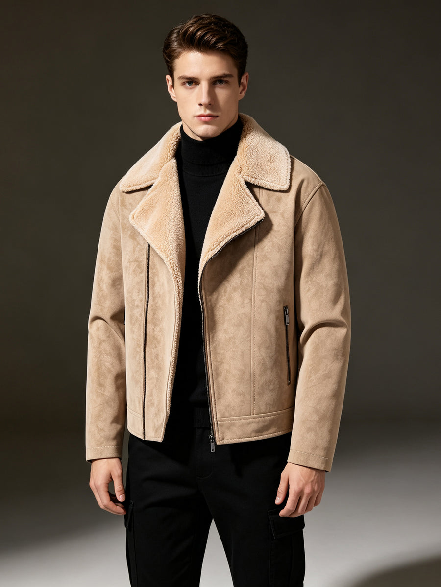 Veste de moto asymétrique avec fermeture éclair et col à revers duveteux, manteau streetwear tendance