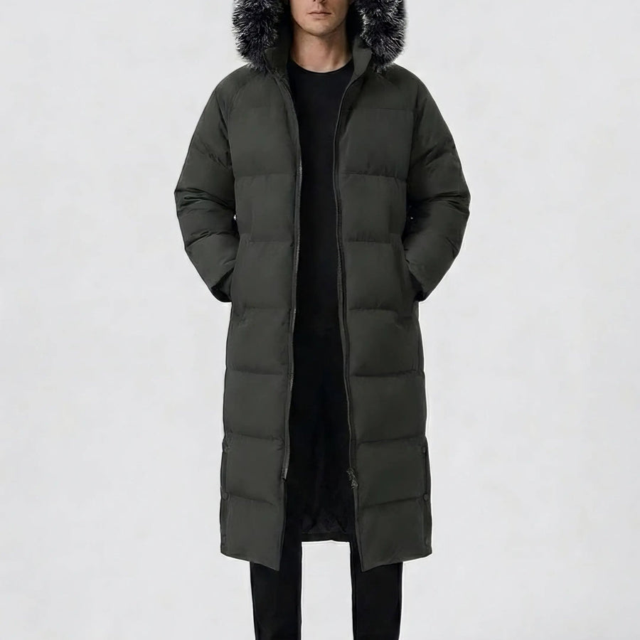 Manteau long, coupe-vent, à capuche, coloris vert fougère