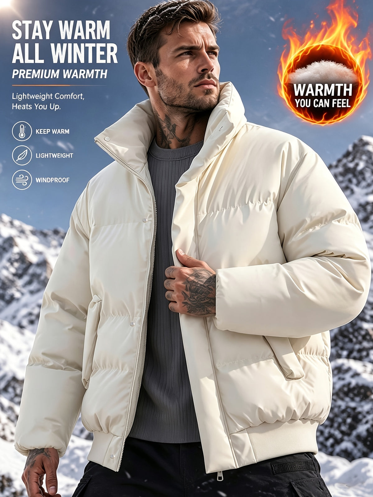 Manteau matelassé pour homme, coupe-vent, à revers, abricot