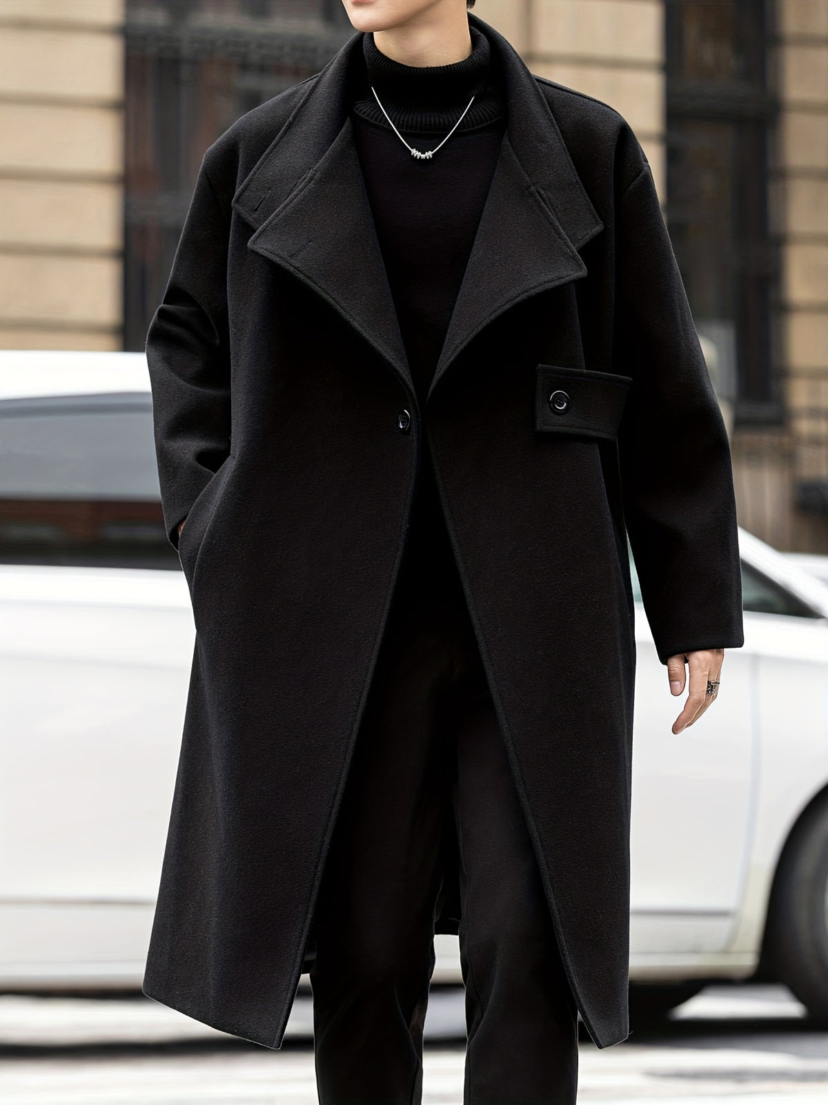 Trench mi-long pour homme, à revers, noir