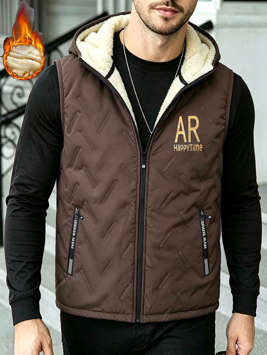 Gilet épais sans manches à capuche doublé, tendance automne/hiver, vêtement d'extérieur chaud, cardigan à capuche zippé à la mode et polyvalent, pour l'extérieur et la randonnée, la course et le fitness, les voyages et le sport, cade, détail du vêtement
