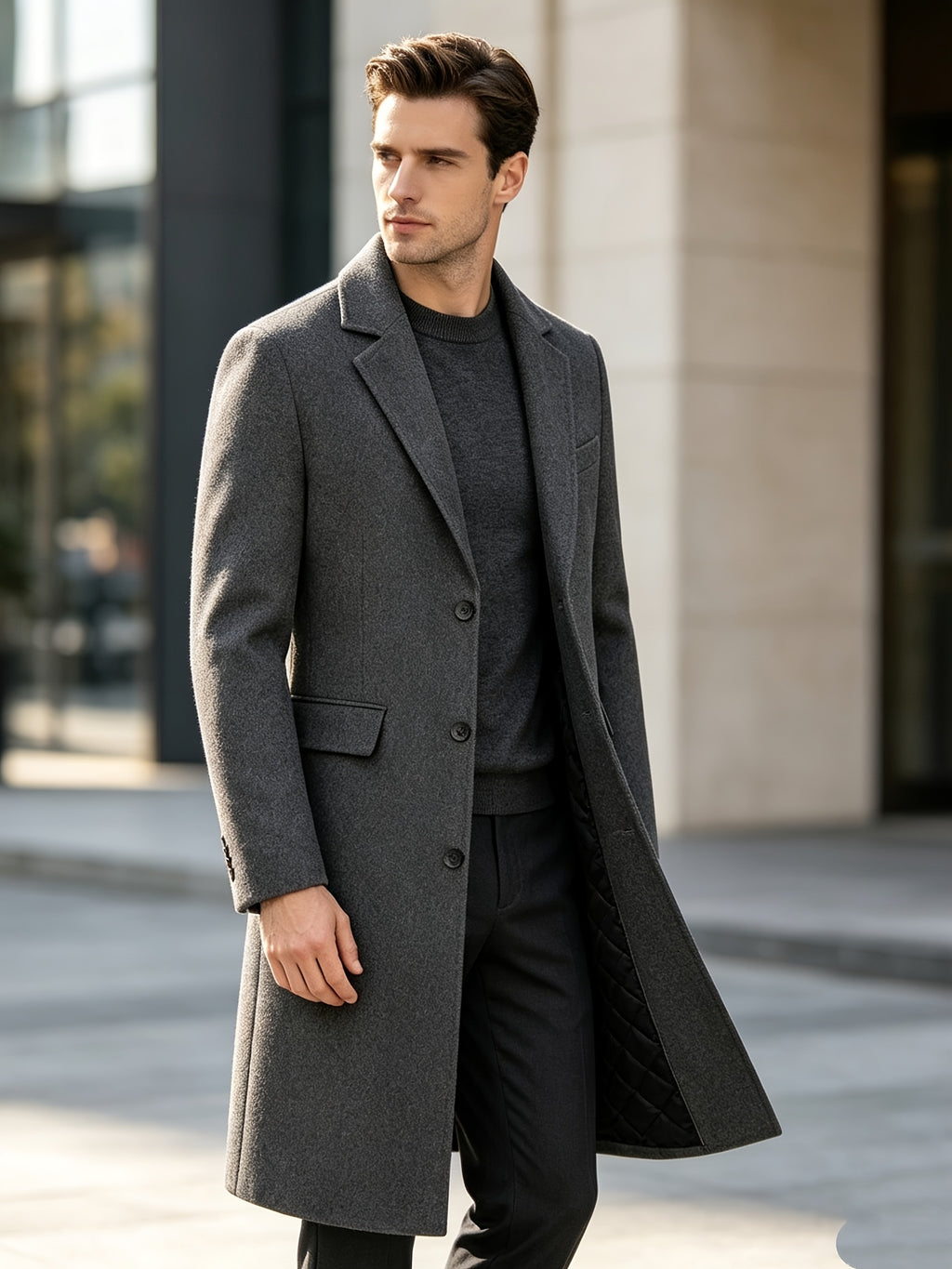 Manteau long pour homme en mélange de laine, col à revers