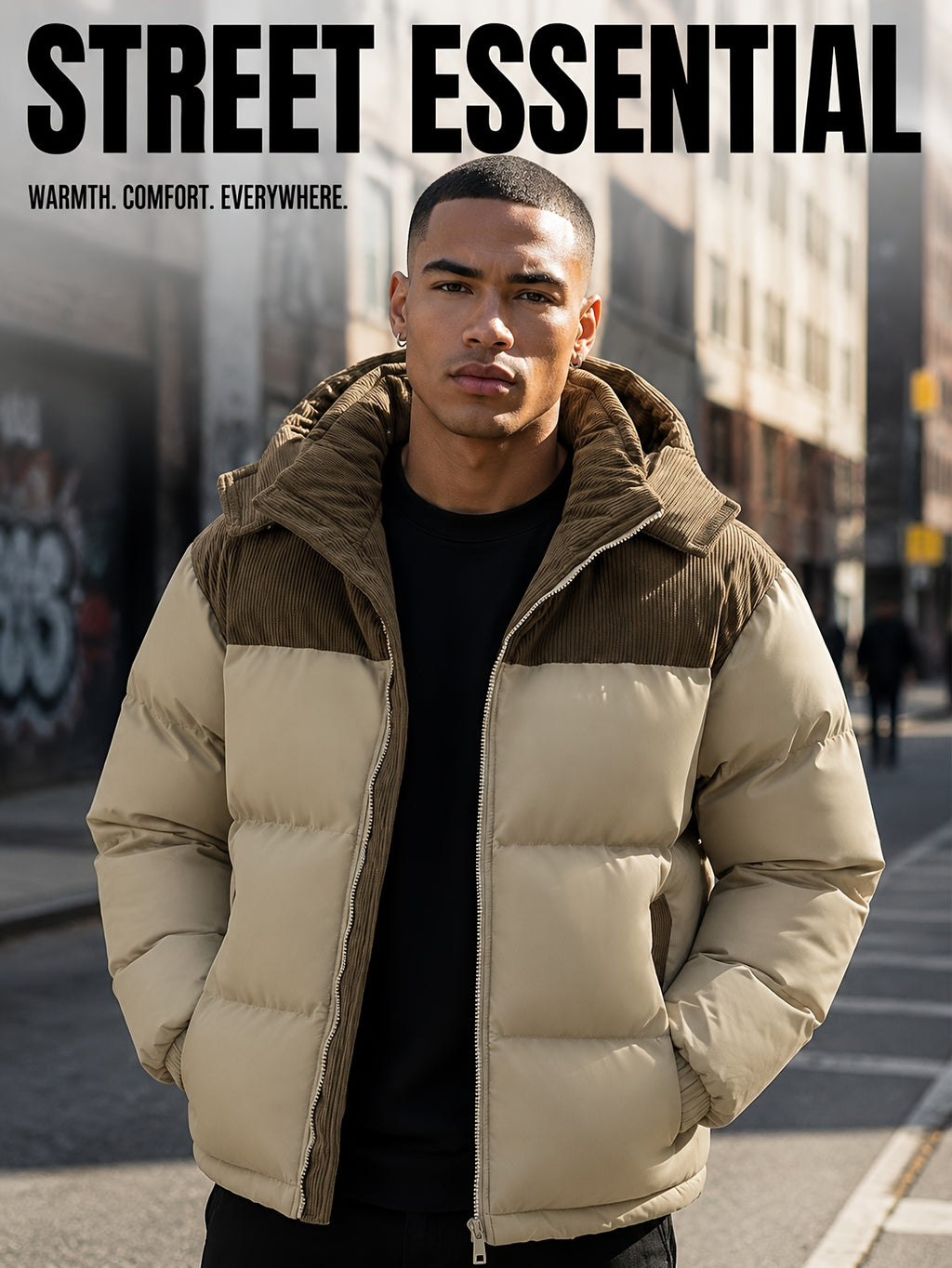 Manteau matelassé pour homme, velours côtelé, à capuche