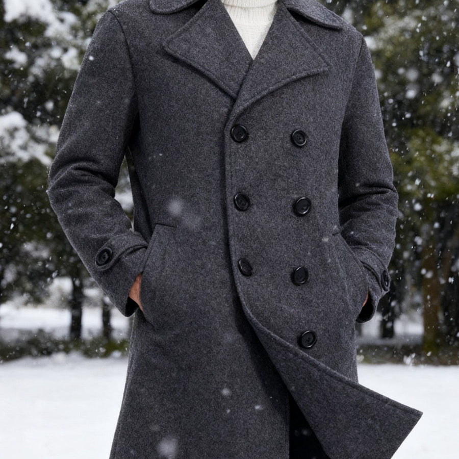 Manteau long, tweed, à revers, boutonnage, coloris gris foncé