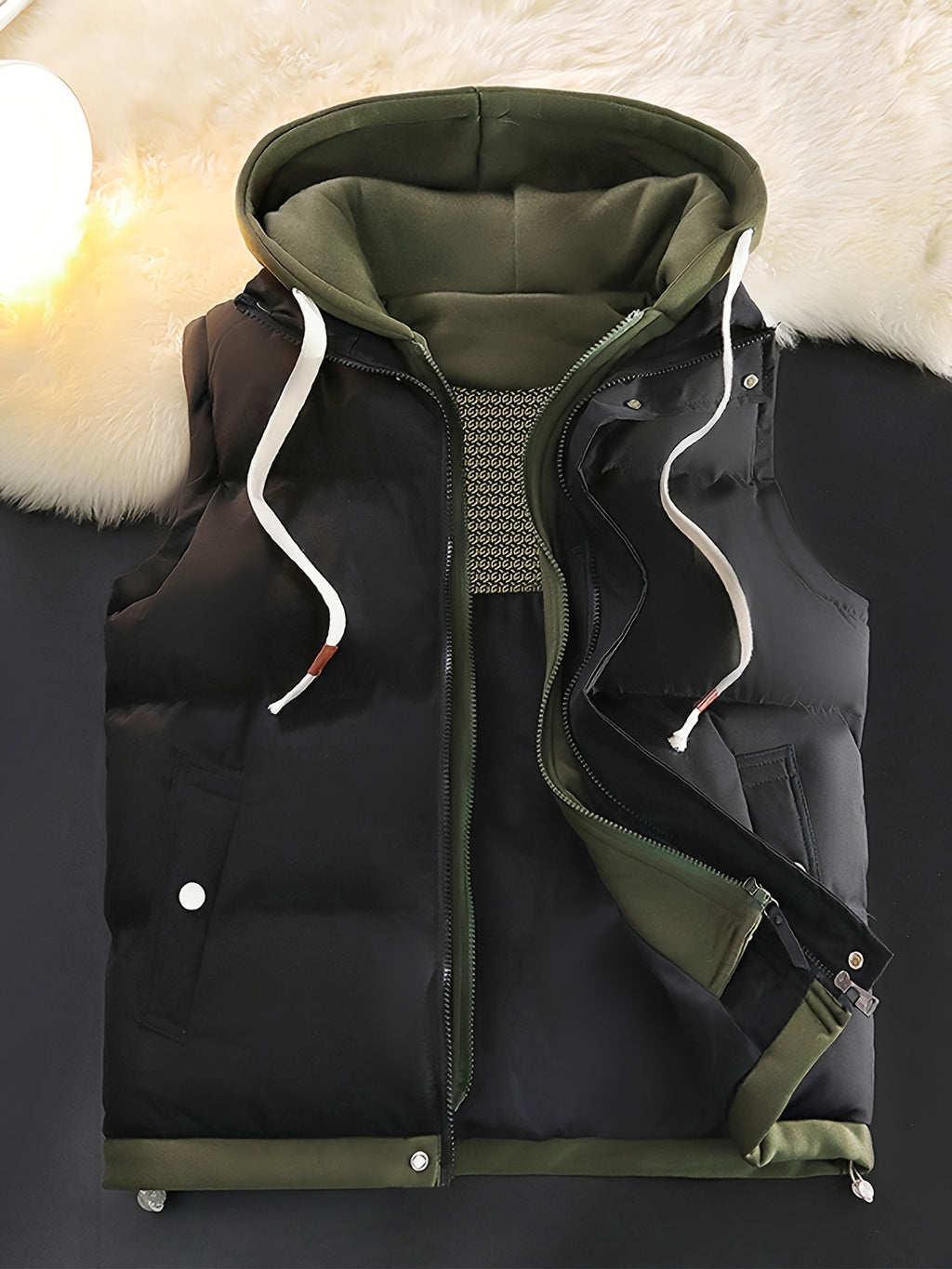 Gilet d'hiver chaud, design tendance sans manches aspect 2-en-1, capuche à cordon de serrage réglable, fermeture avant double ouverture par boutons-pression et fermeture éclair, poche de rangement pratique à insertion latérale, détails de bordu, photo 16