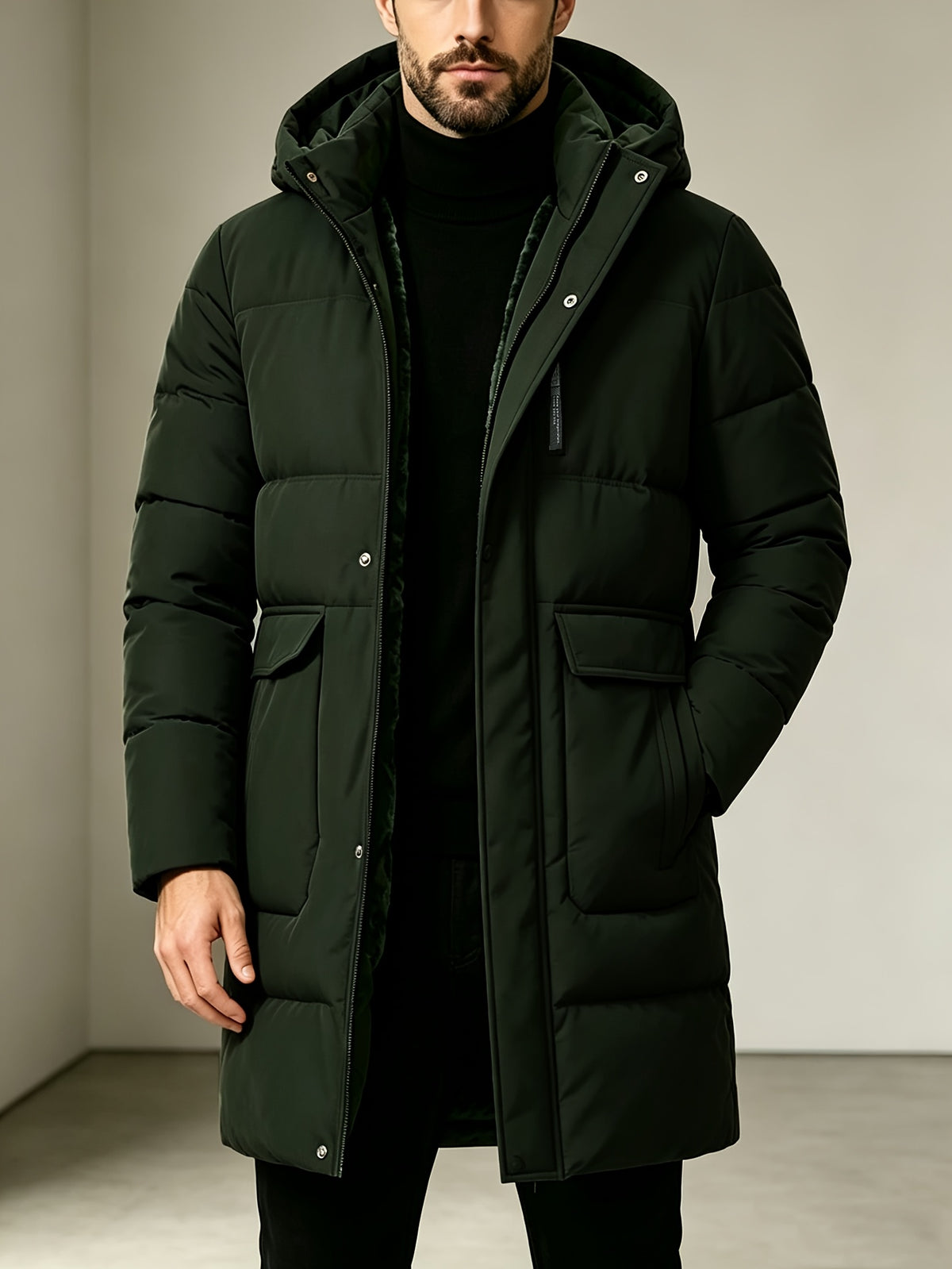 Pardessus matelassé long pour homme, à capuche