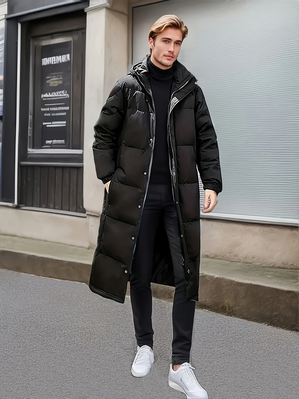 Manteau matelassé long pour homme, coupe-vent, à capuche, long