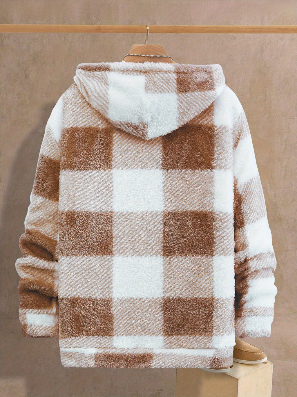 Veste pour homme, polaire, à capuche, carreaux noir et blanc