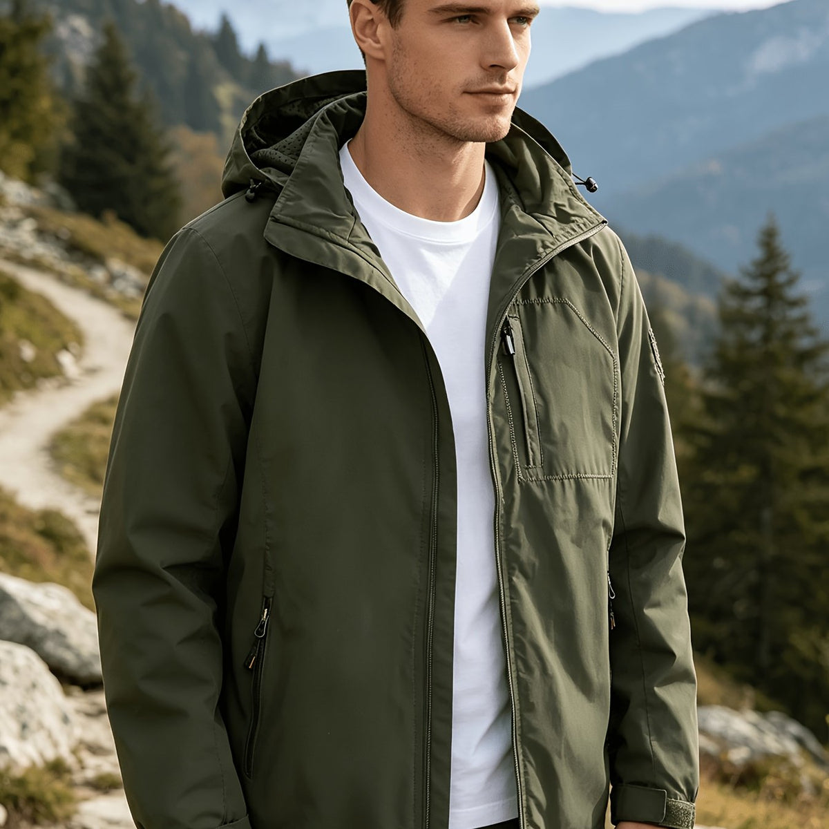 Veste longue, coupe-vent, à capuche, bleu marine, coloris vert fougère Image