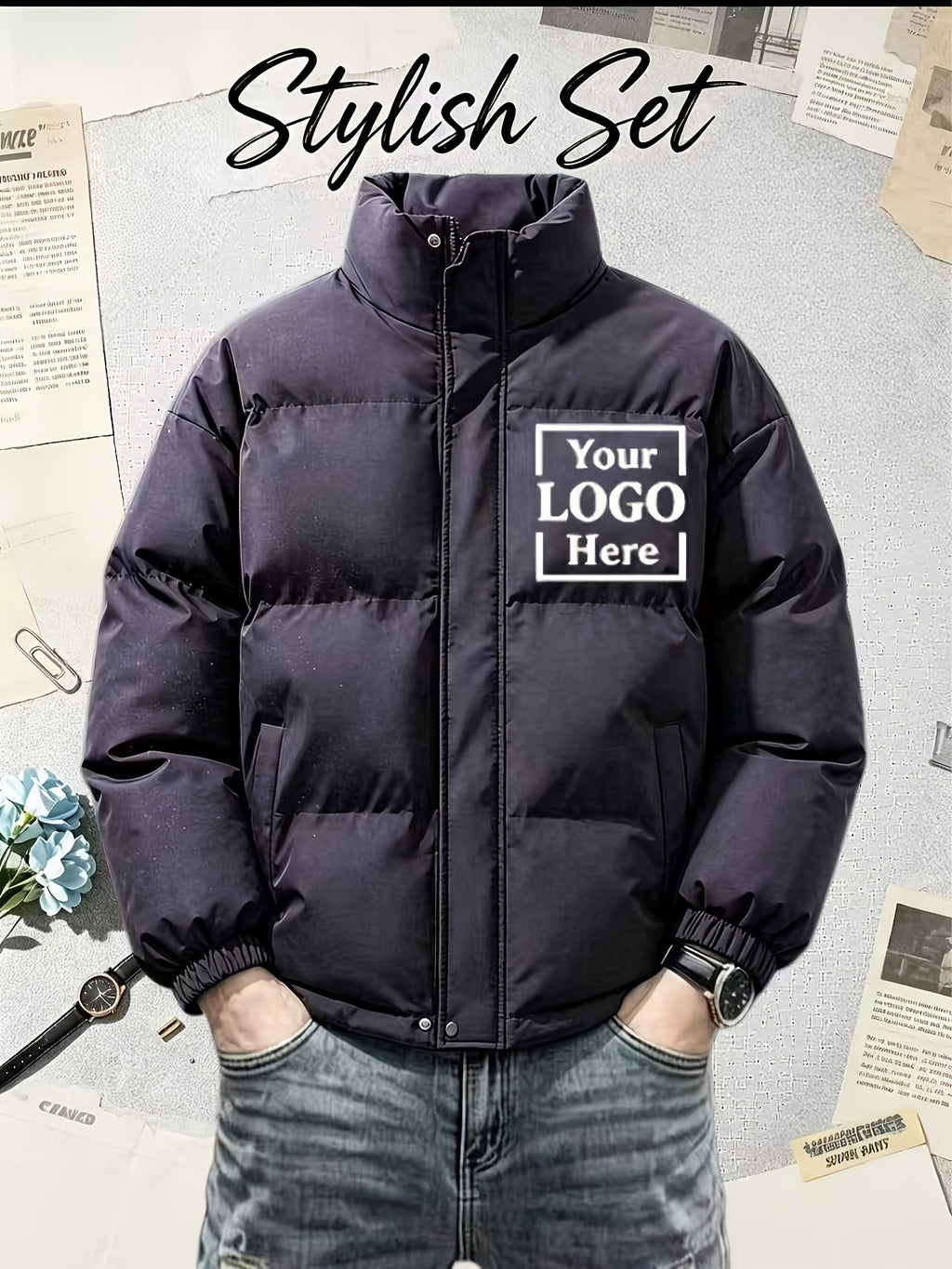 Veste matelassée pour homme, à col montant, beige