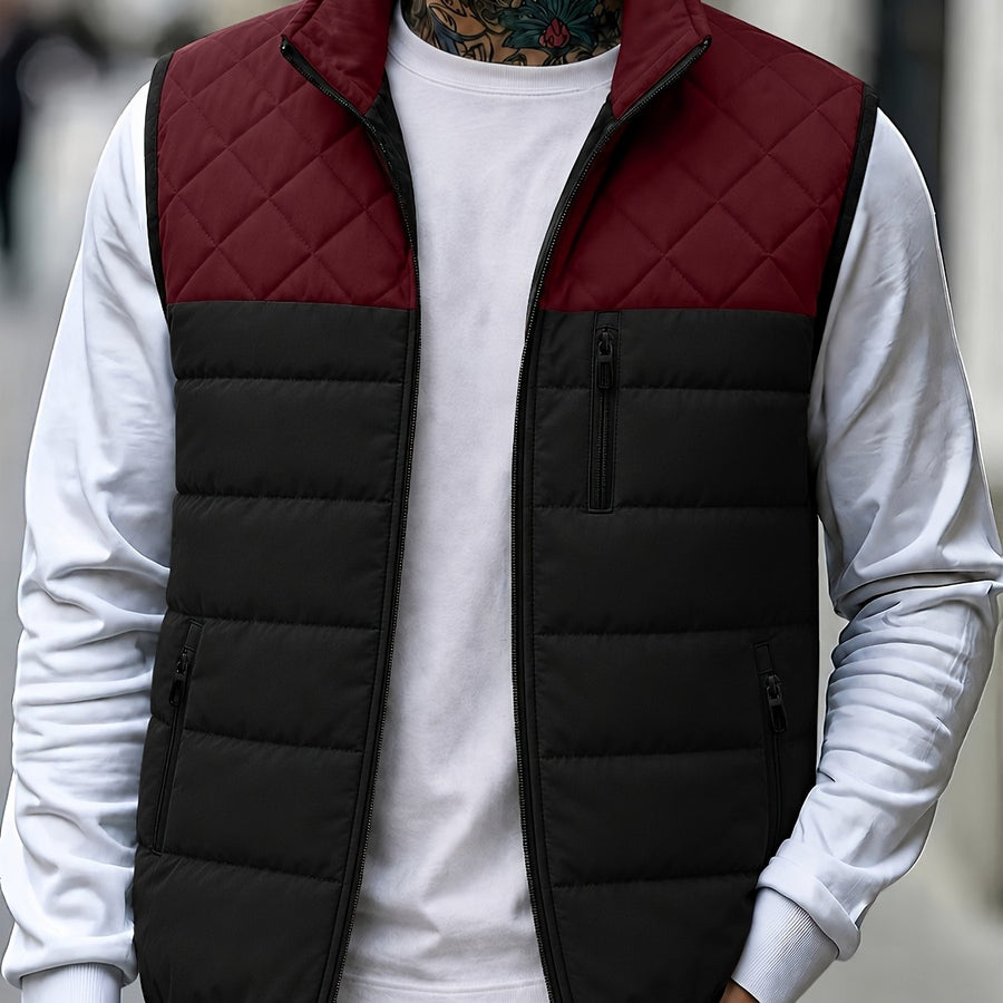 Veste matelassée, coupe-vent, à col montant, col montant, coloris épissage rouge et noir, détail