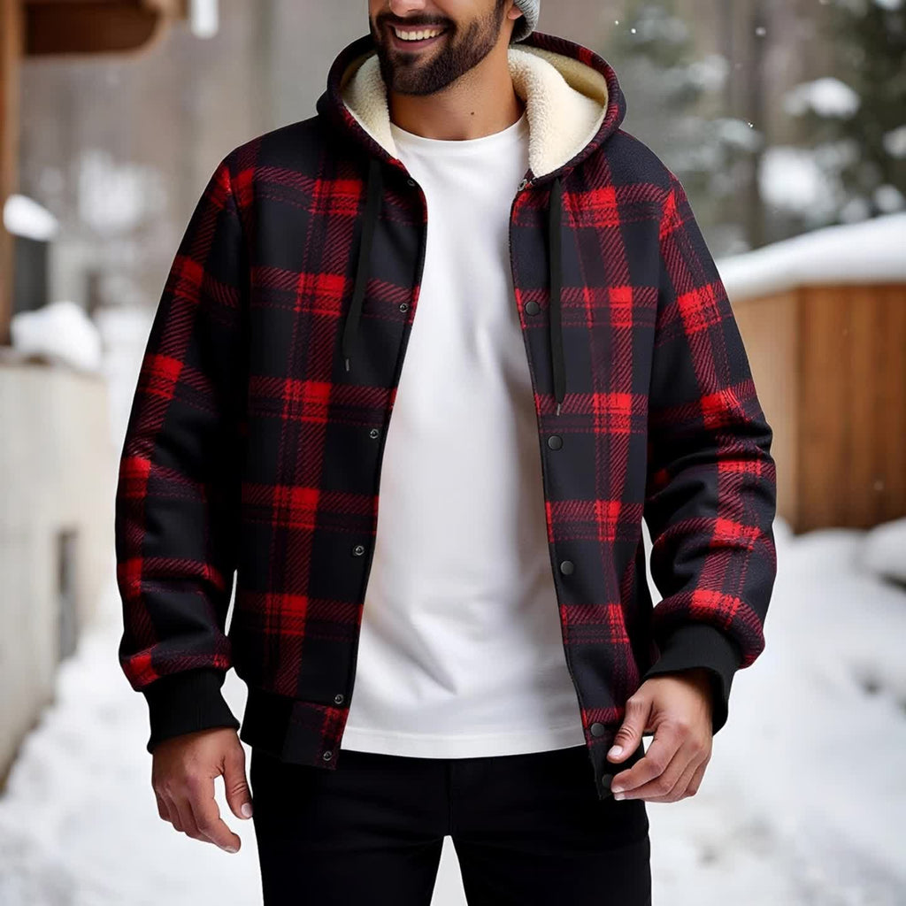 Veste pour homme, à carreaux, à capuche, rouge foncé-a