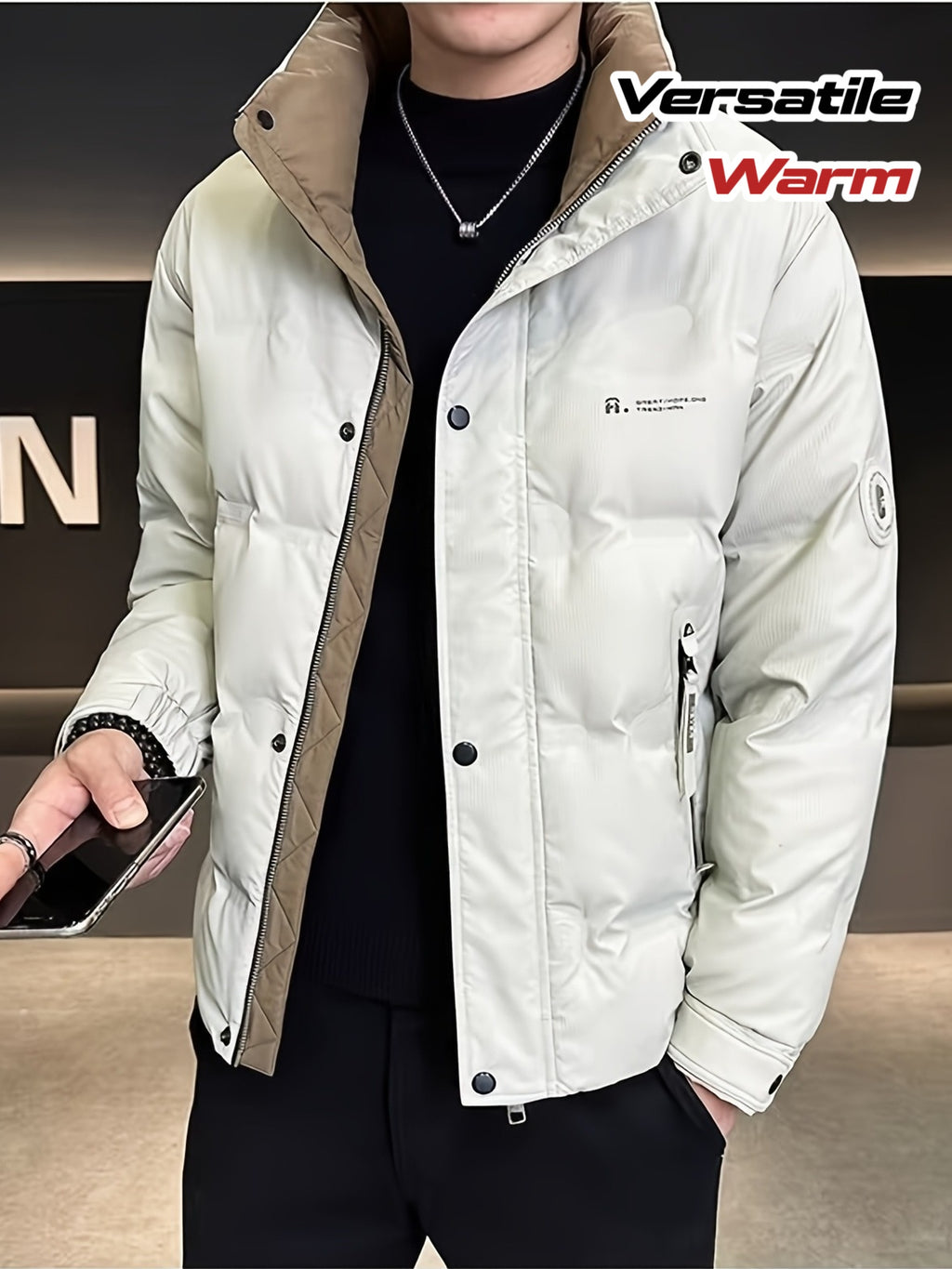 Manteau pour homme, à col montant, gris clair
