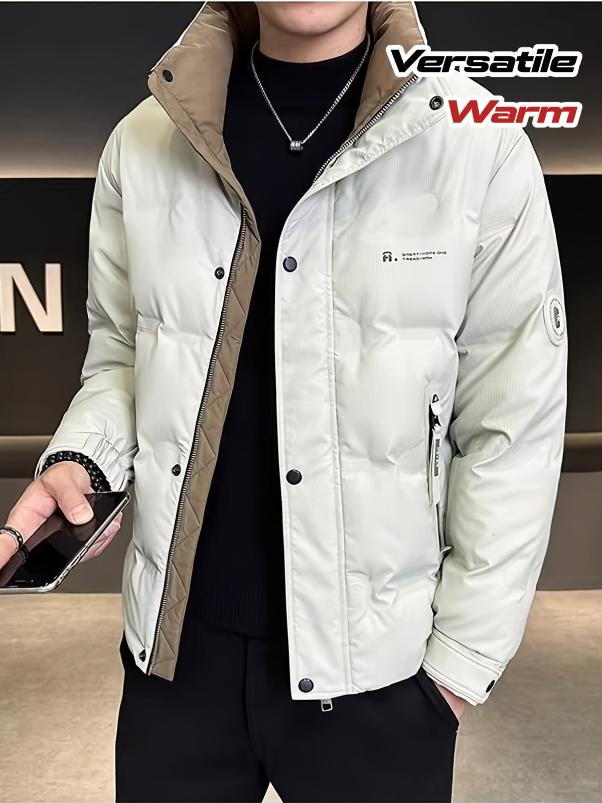 Manteau pour homme, à col montant, gris clair
