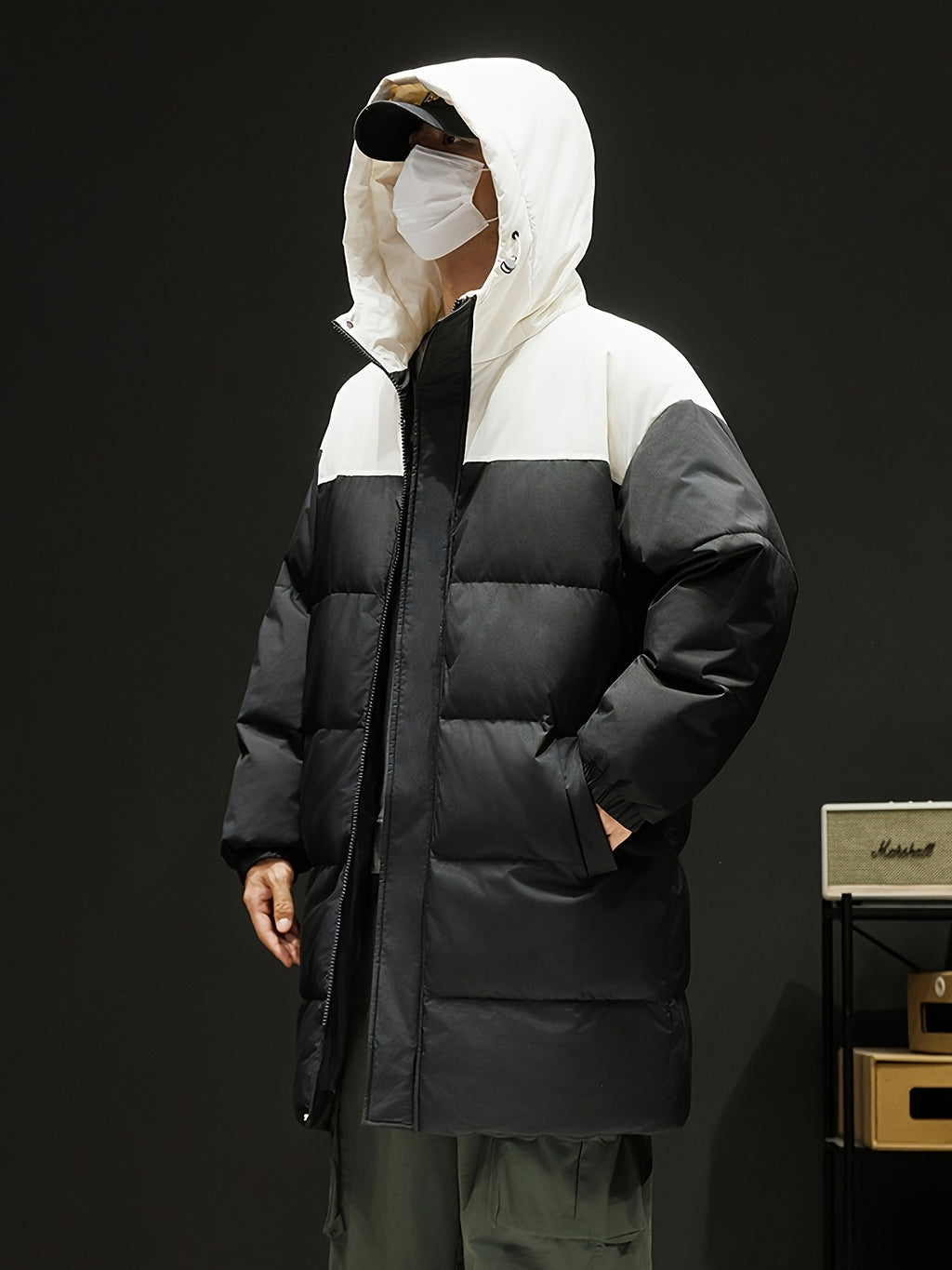 Manteau matelassé pour homme, à capuche, noir et blanc