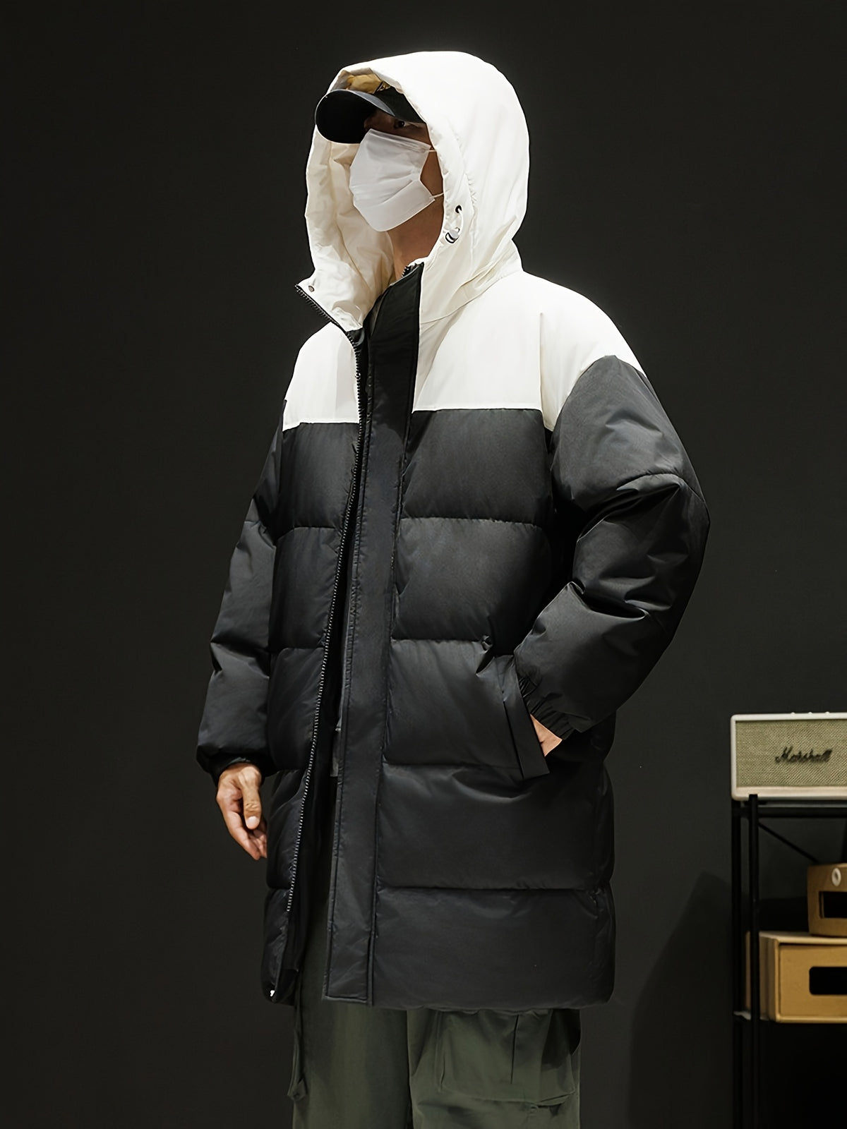 Manteau matelassé pour homme, à capuche, noir et blanc