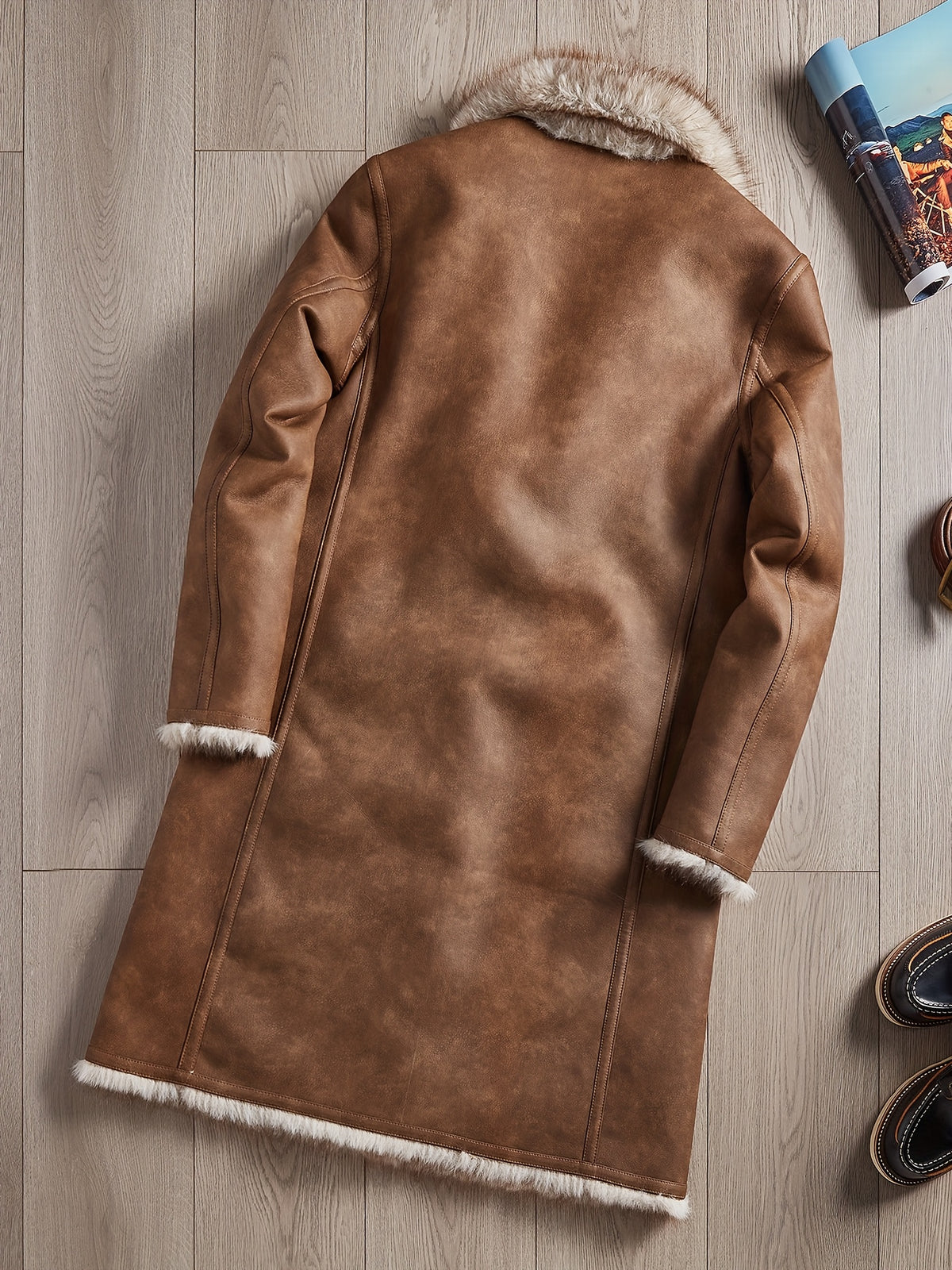 Manteau en fausse fourrure long pour homme, à revers, jaune marron