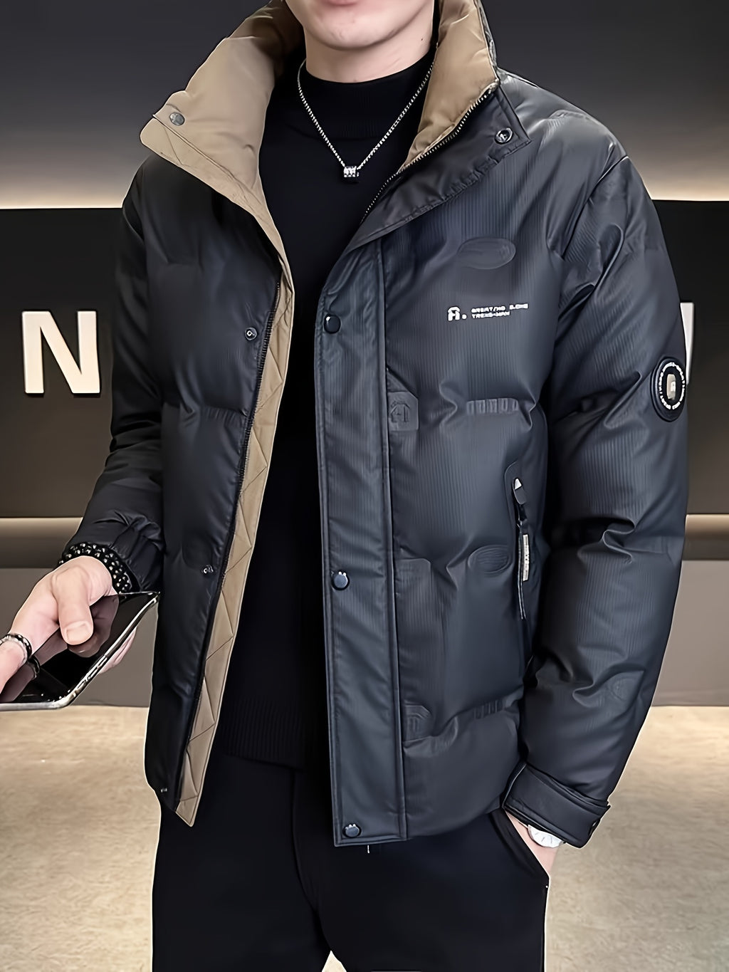 Manteau pour homme, à col montant, gris clair