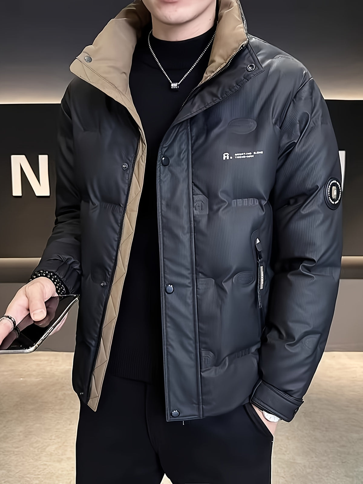 Manteau pour homme, à col montant, gris clair