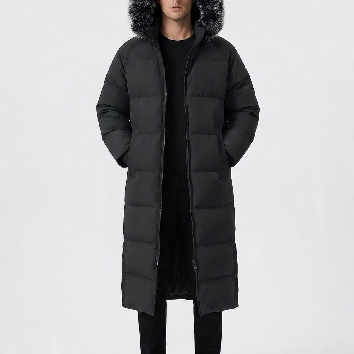 Manteau long, coupe-vent, à capuche, coloris noir Image