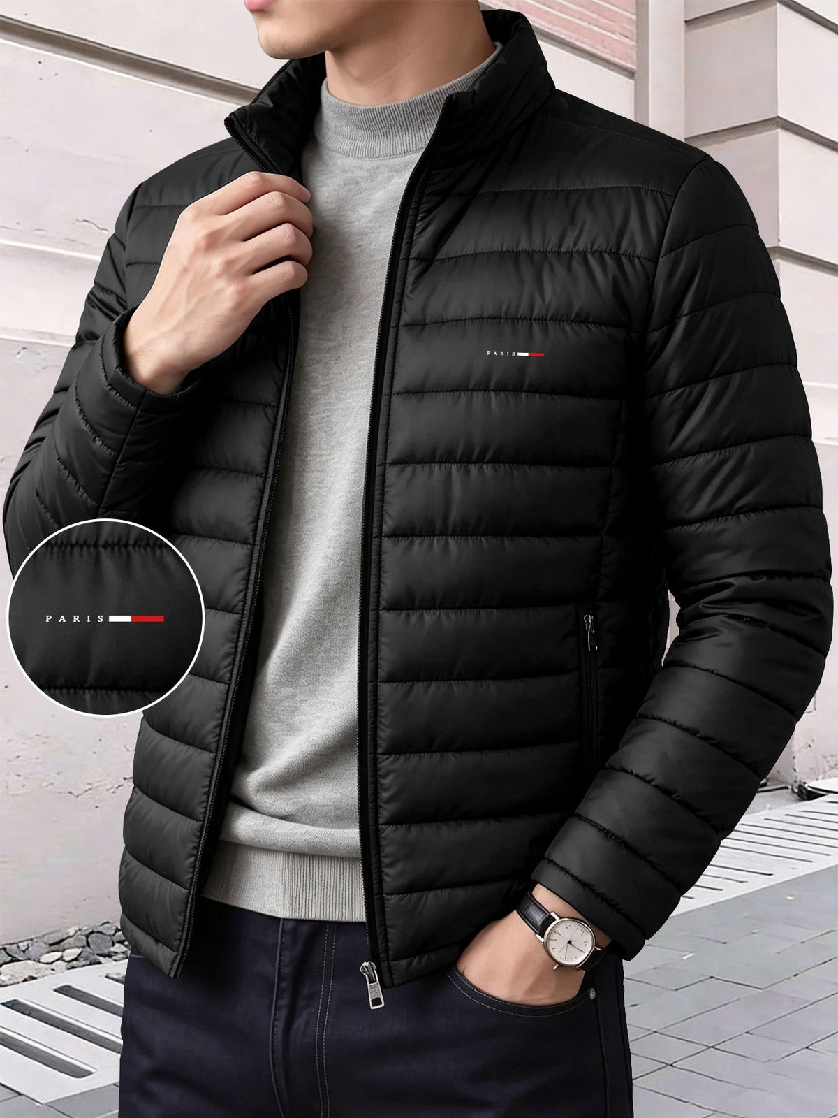 Manteau matelassé pour homme, à rayures, à col montant