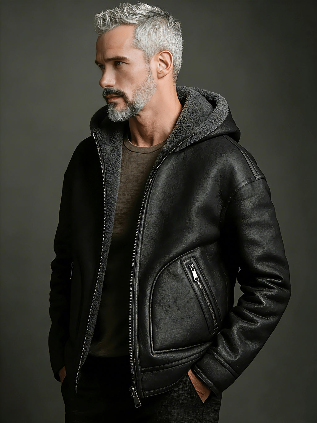 Manteau en fausse fourrure long pour homme, velours, à capuche
