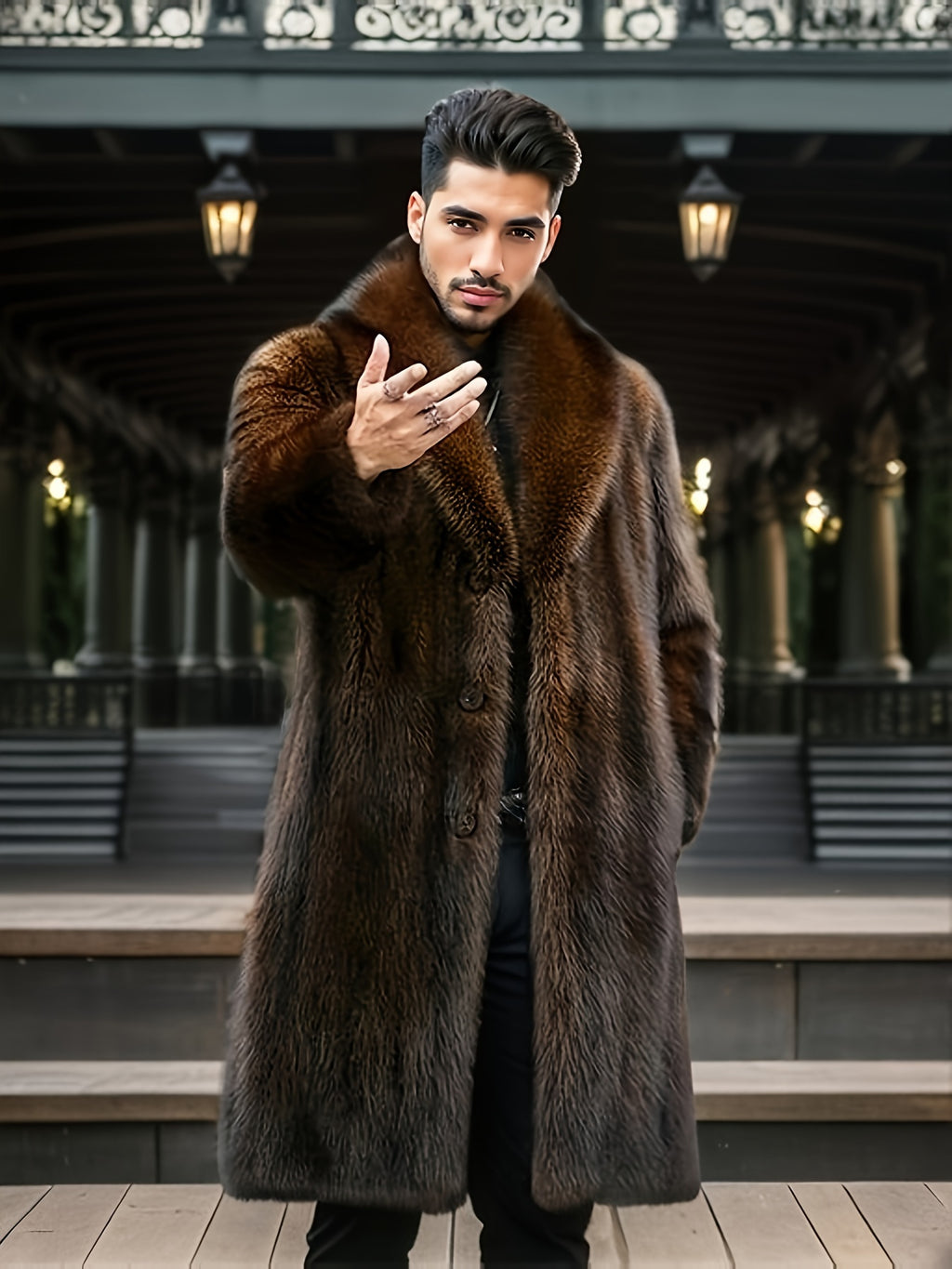 Manteau en fausse fourrure mi-long pour homme, à revers, mi-long