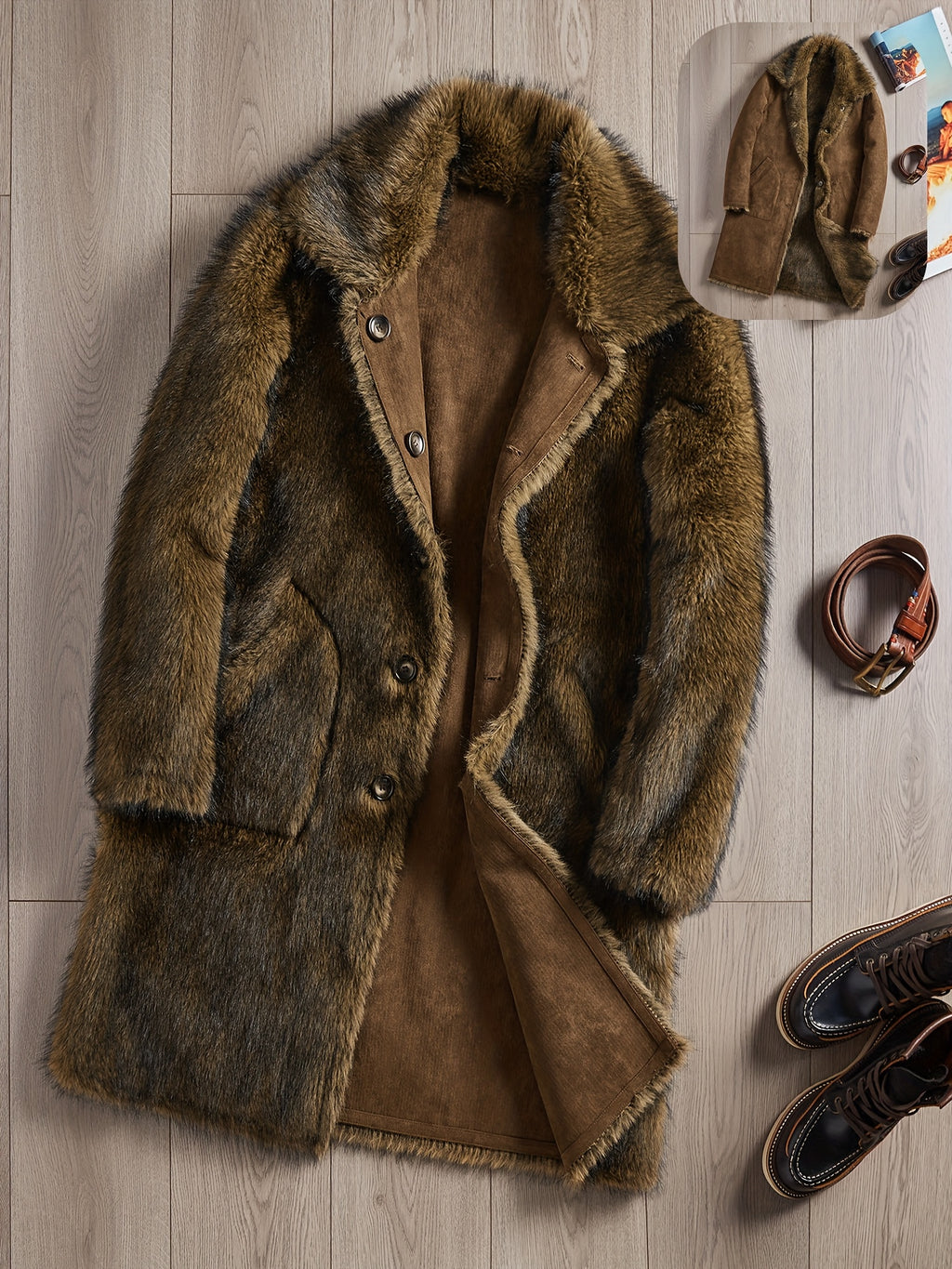 Manteau en fausse fourrure long pour homme, à revers