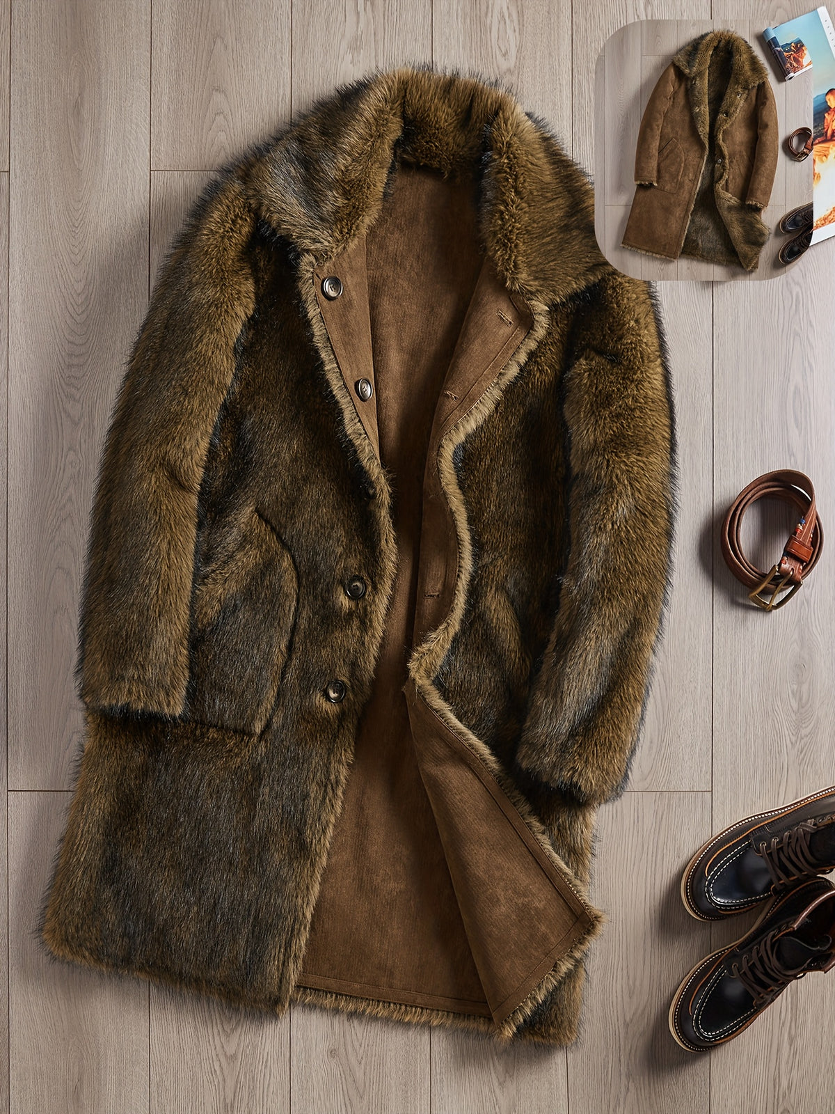 Manteau en fausse fourrure long pour homme, à revers