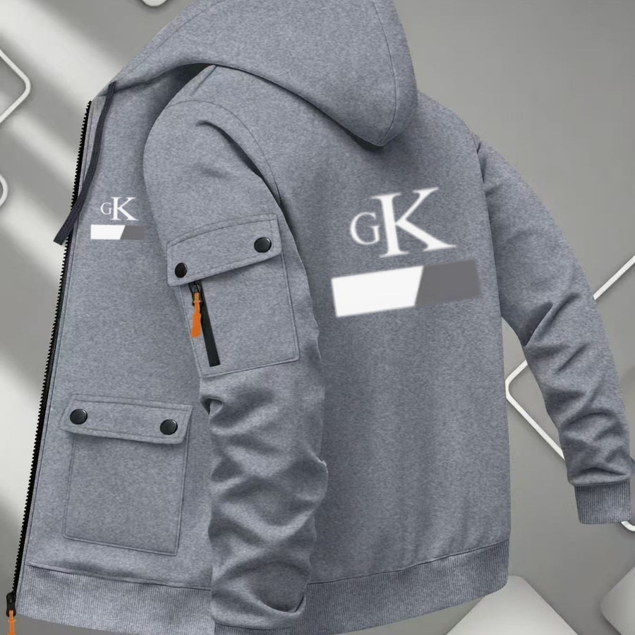 Veste, à capuche, couleur marine, coloris gris clair
