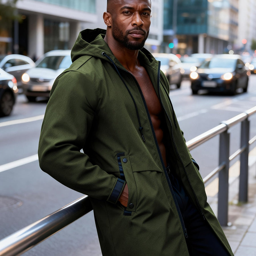 Veste, coupe-vent, à capuche, modele 4, coloris vert olive, détail